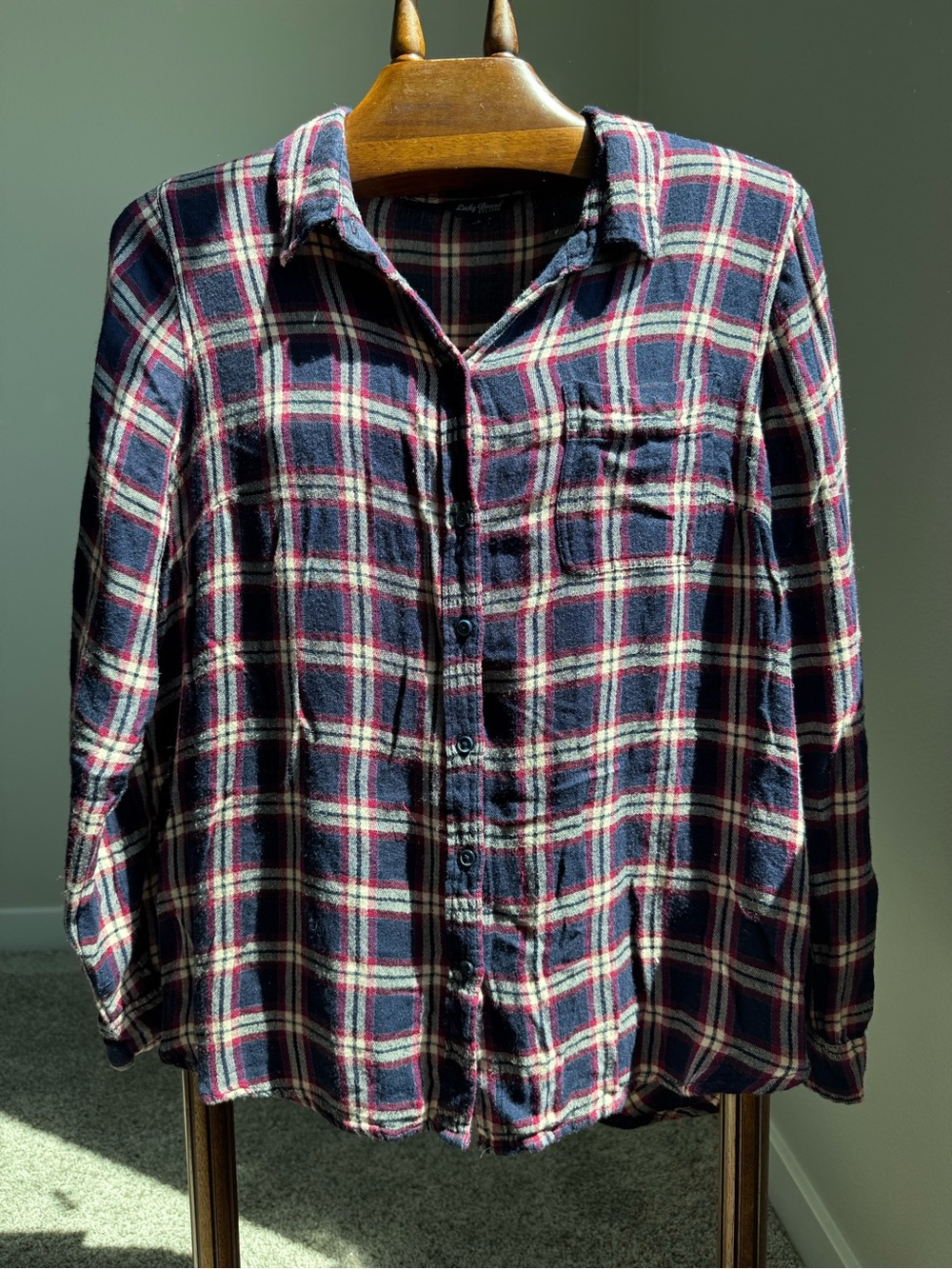 Lucky Brand Plaid Button Down Shirt Women Size L Rayon Boho Flannel Lightweight